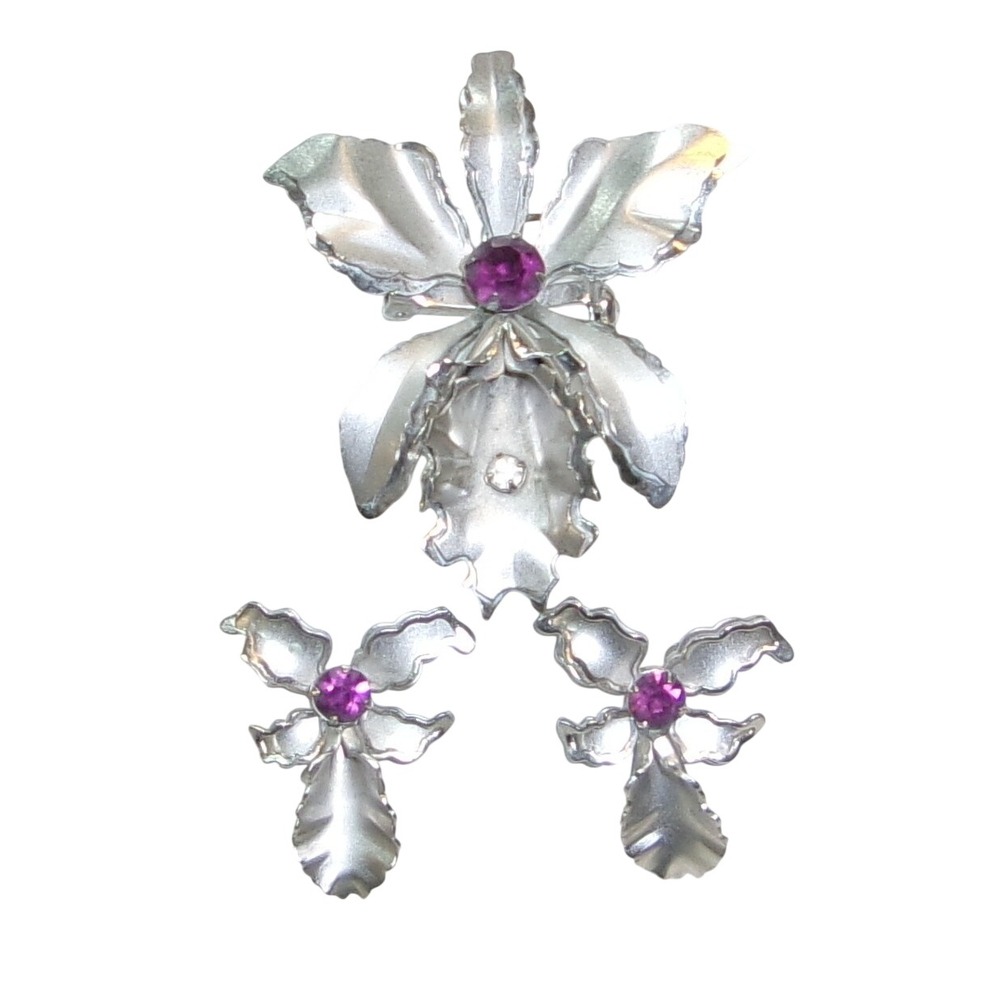 Vintage Bugbee & Niles Silver Orchid Purple Stone Earring Pendant/Brooch Set